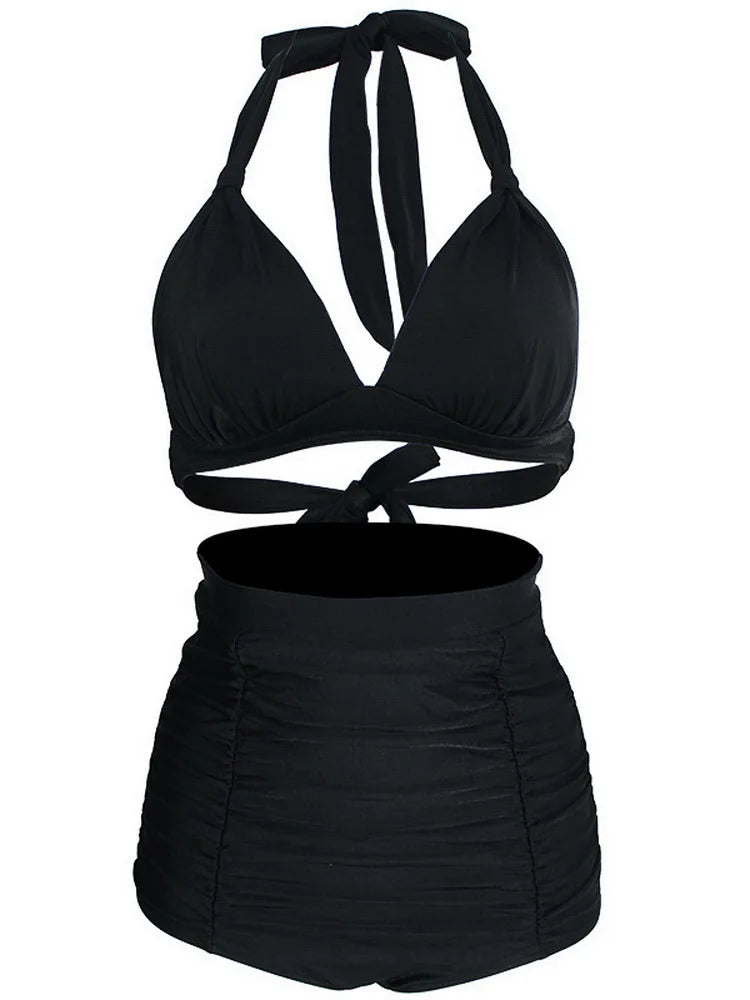 Bikini Mujer Retro Lunares Cintura Alta Push Up Halter Dos Piezas