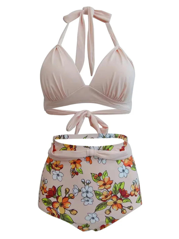 Bikini Mujer Retro Lunares Cintura Alta Push Up Halter Dos Piezas