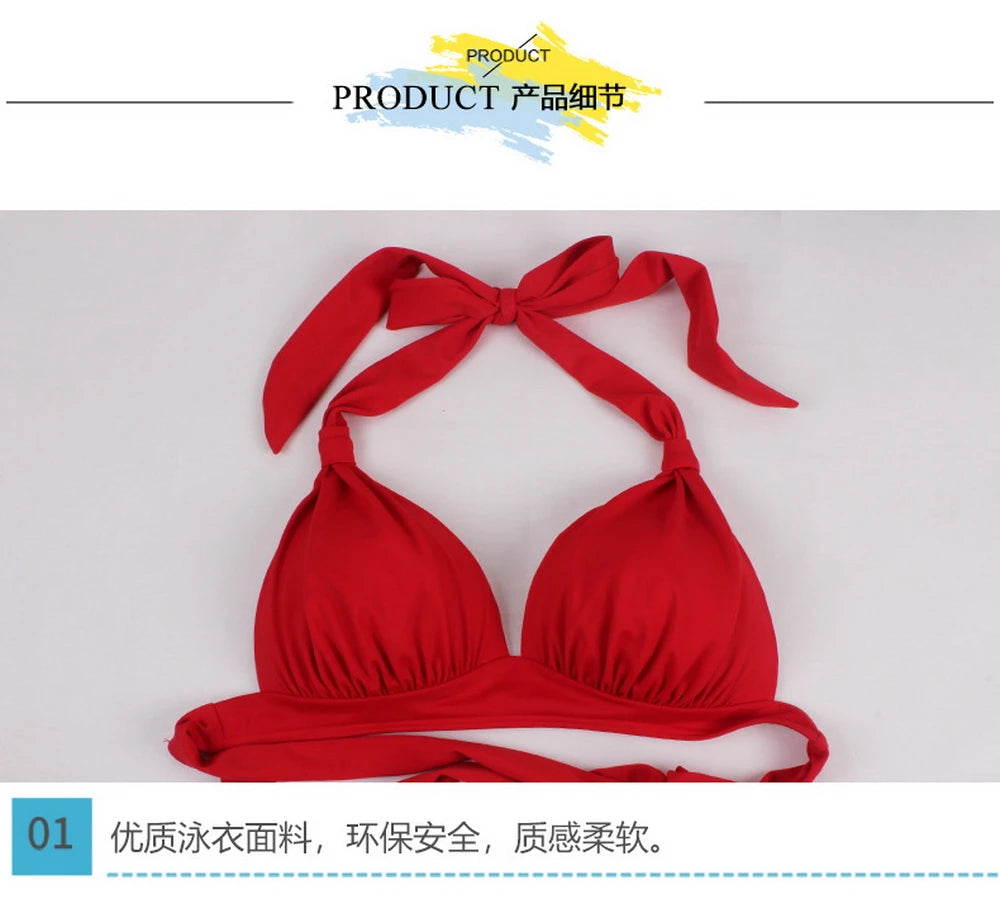 Bikini Mujer Retro Lunares Cintura Alta Push Up Halter Dos Piezas