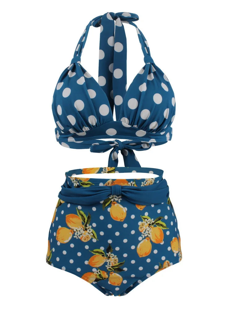 Bikini Mujer Retro Lunares Cintura Alta Push Up Halter Dos Piezas