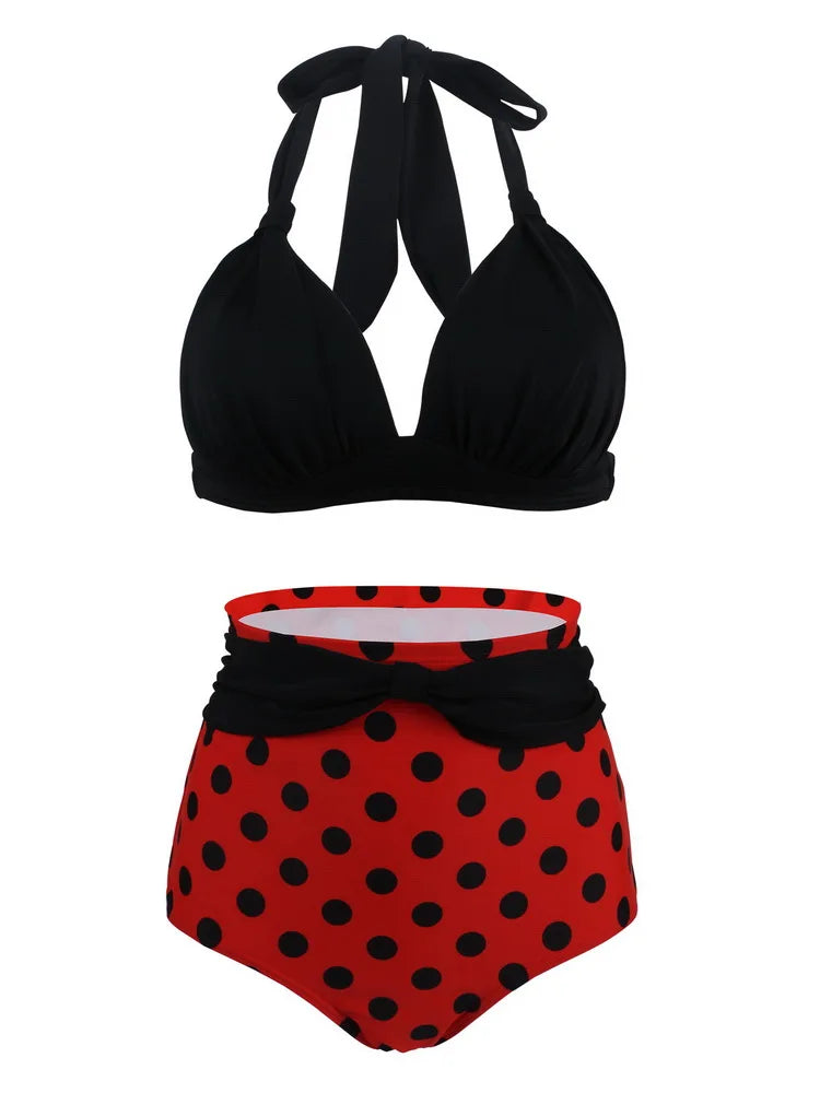 Bikini Mujer Retro Lunares Cintura Alta Push Up Halter Dos Piezas