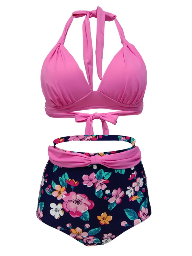 Bikini Mujer Retro Lunares Cintura Alta Push Up Halter Dos Piezas