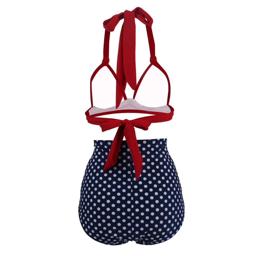 Bikini Mujer Retro Lunares Cintura Alta Push Up Halter Dos Piezas
