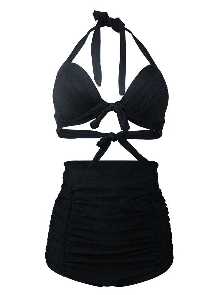 Bikini Mujer Retro Lunares Cintura Alta Push Up Halter Dos Piezas