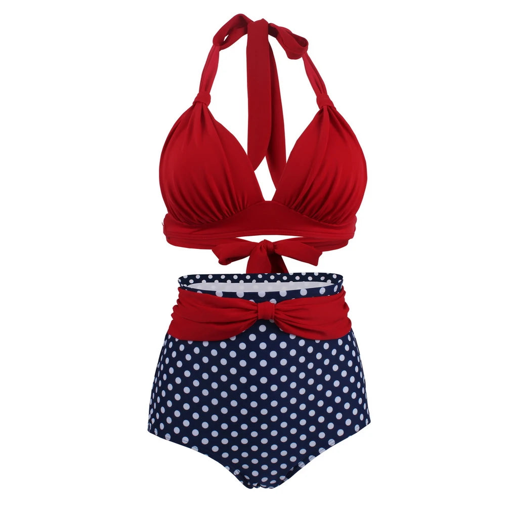 Bikini Mujer Retro Lunares Cintura Alta Push Up Halter Dos Piezas