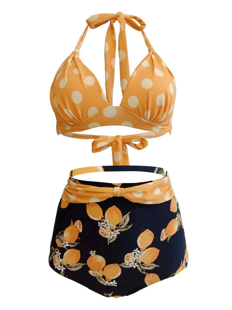 Bikini Mujer Retro Lunares Cintura Alta Push Up Halter Dos Piezas