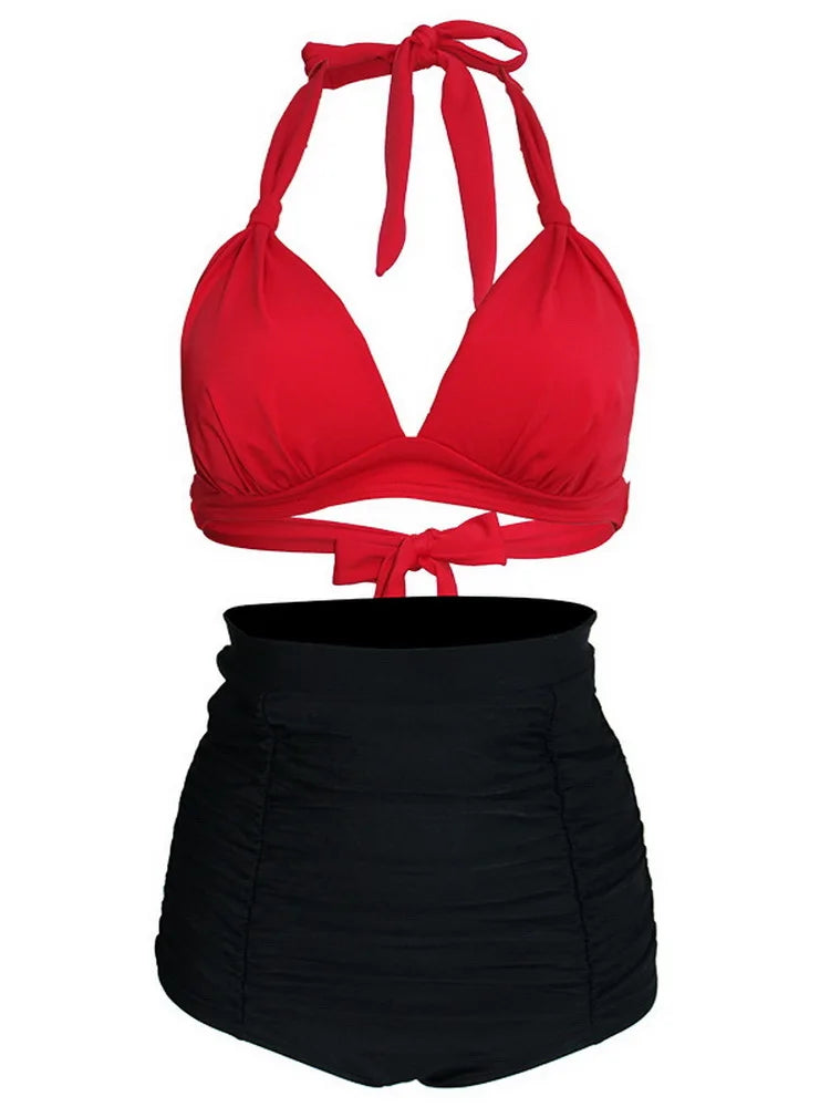 Bikini Mujer Retro Lunares Cintura Alta Push Up Halter Dos Piezas