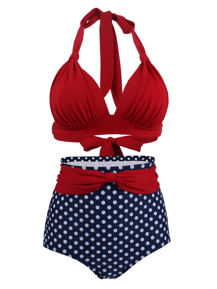 Bikini Mujer Retro Lunares Cintura Alta Push Up Halter Dos Piezas