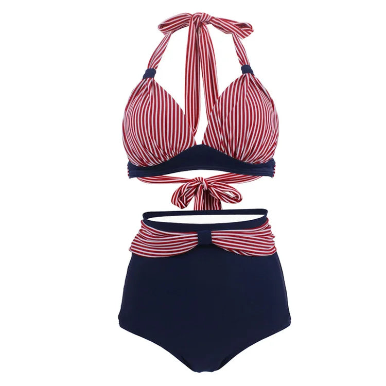 Bikini Mujer Retro Lunares Cintura Alta Push Up Halter Dos Piezas