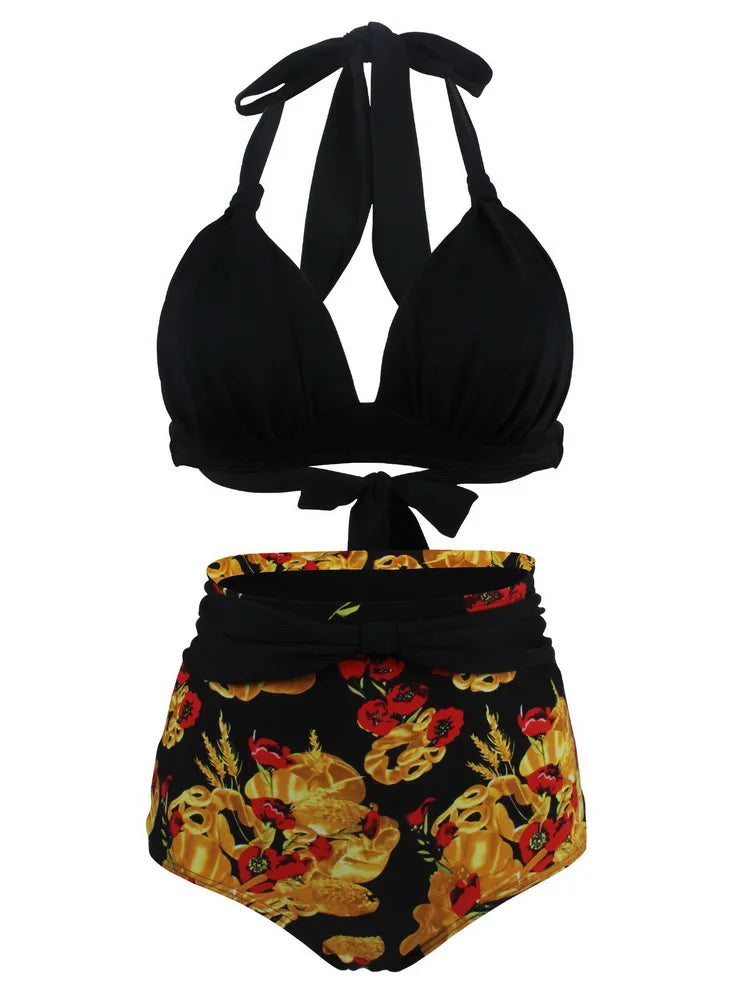 Bikini Mujer Retro Lunares Cintura Alta Push Up Halter Dos Piezas