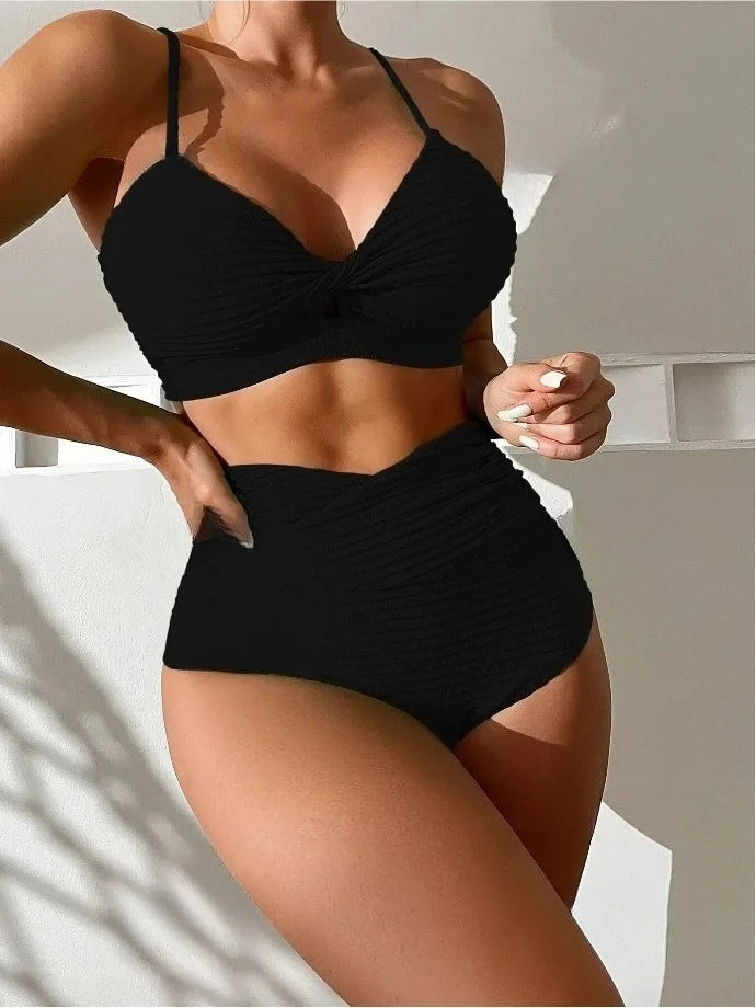 Bikini Mujer Sexy Cintura Alta Push Up Color Sólido 2 Piezas Verano