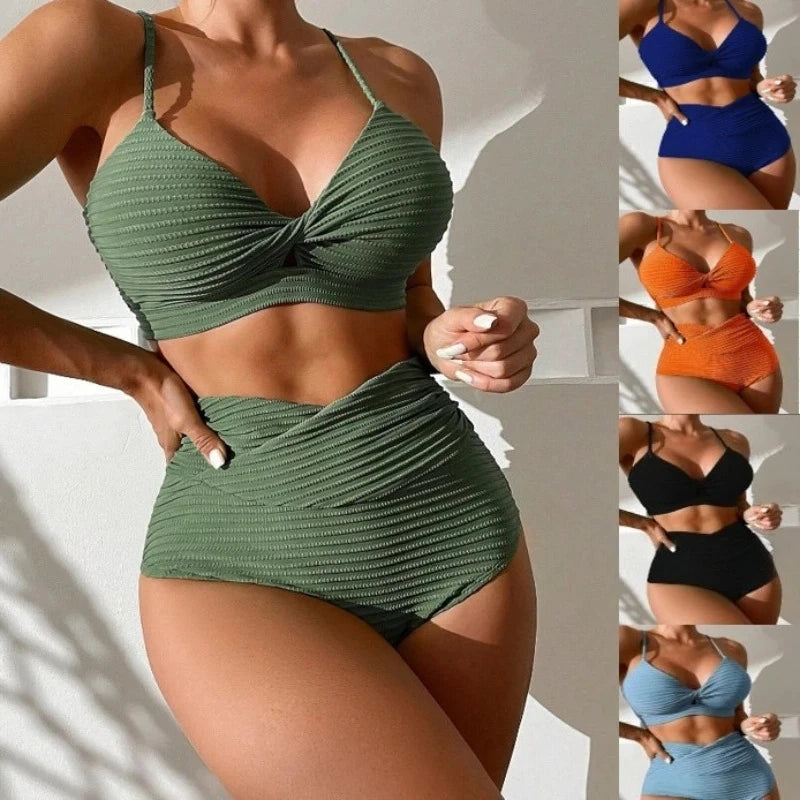 Bikini Mujer Sexy Cintura Alta Push Up Color Sólido 2 Piezas Verano