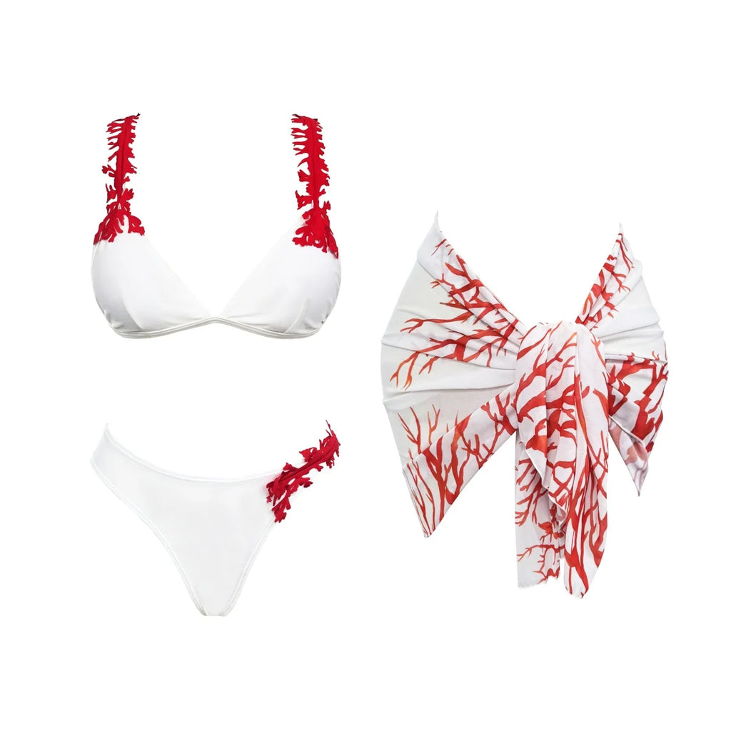 Bikini Mujer 3 Piezas Push Up Corte Láser Cintura Alta Sexy Traje de Baño con Falda