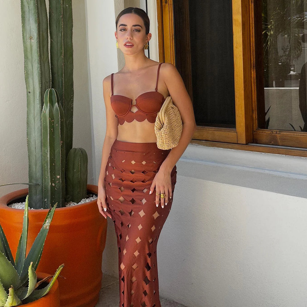 Bikini Mujer 3 Piezas Push Up Corte Láser Cintura Alta Sexy Traje de Baño con Falda