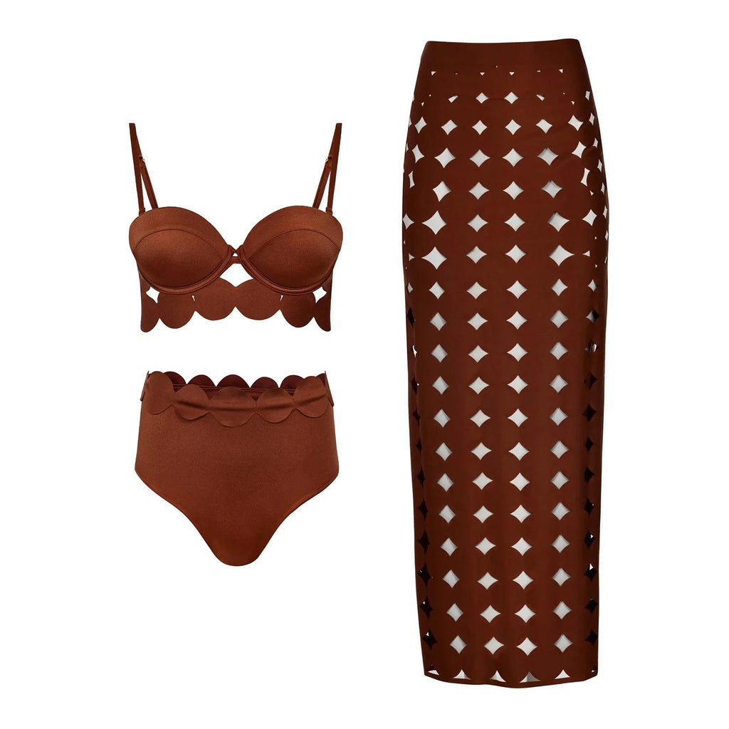 Bikini Mujer 3 Piezas Push Up Corte Láser Cintura Alta Sexy Traje de Baño con Falda