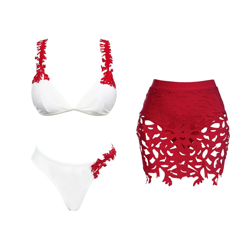 Bikini Mujer 3 Piezas Push Up Corte Láser Cintura Alta Sexy Traje de Baño con Falda