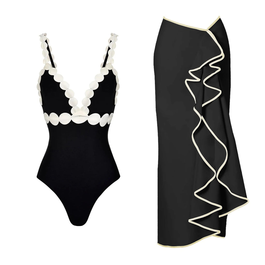 Bikini Mujer 3 Piezas Push Up Corte Láser Cintura Alta Sexy Traje de Baño con Falda
