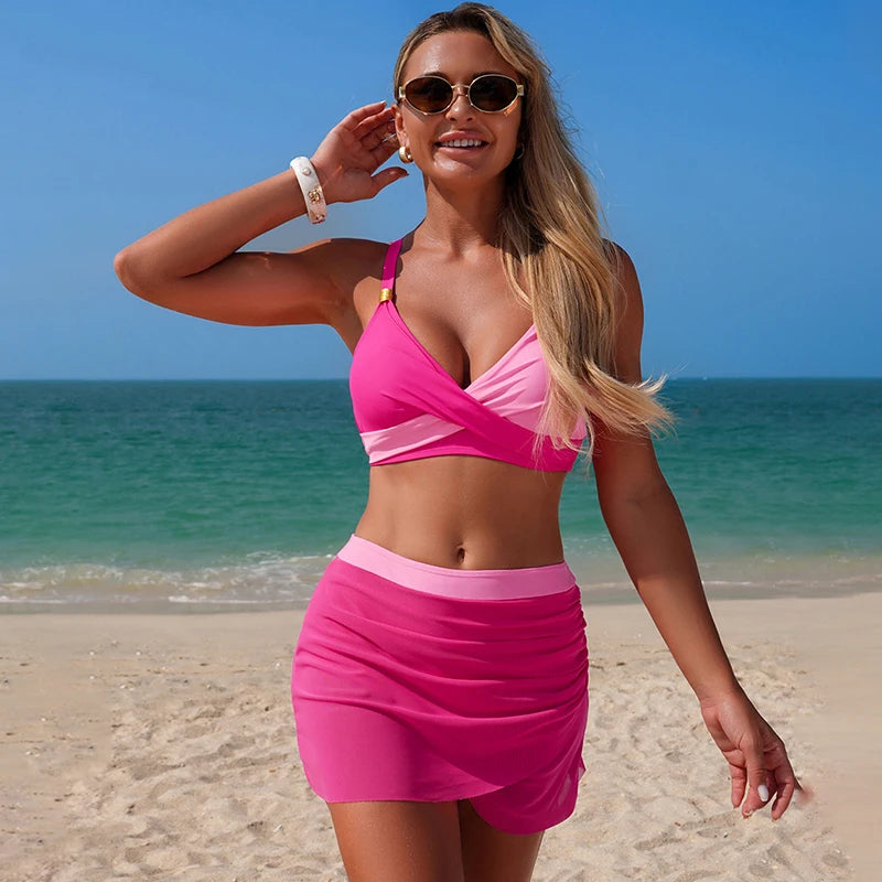 Conjunto de bikini para mujer de cintura media, con sujetador de baño y shorts con falda, diseño patchwork para adultas, traje de baño moderno para verano y playa
