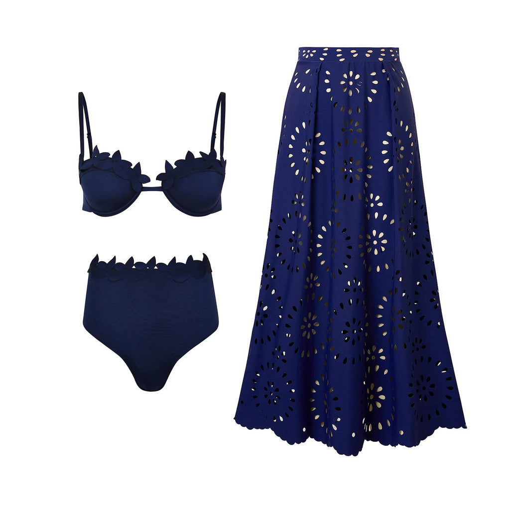 Bikini Mujer 3 Piezas Push Up Corte Láser Cintura Alta Sexy Traje de Baño con Falda
