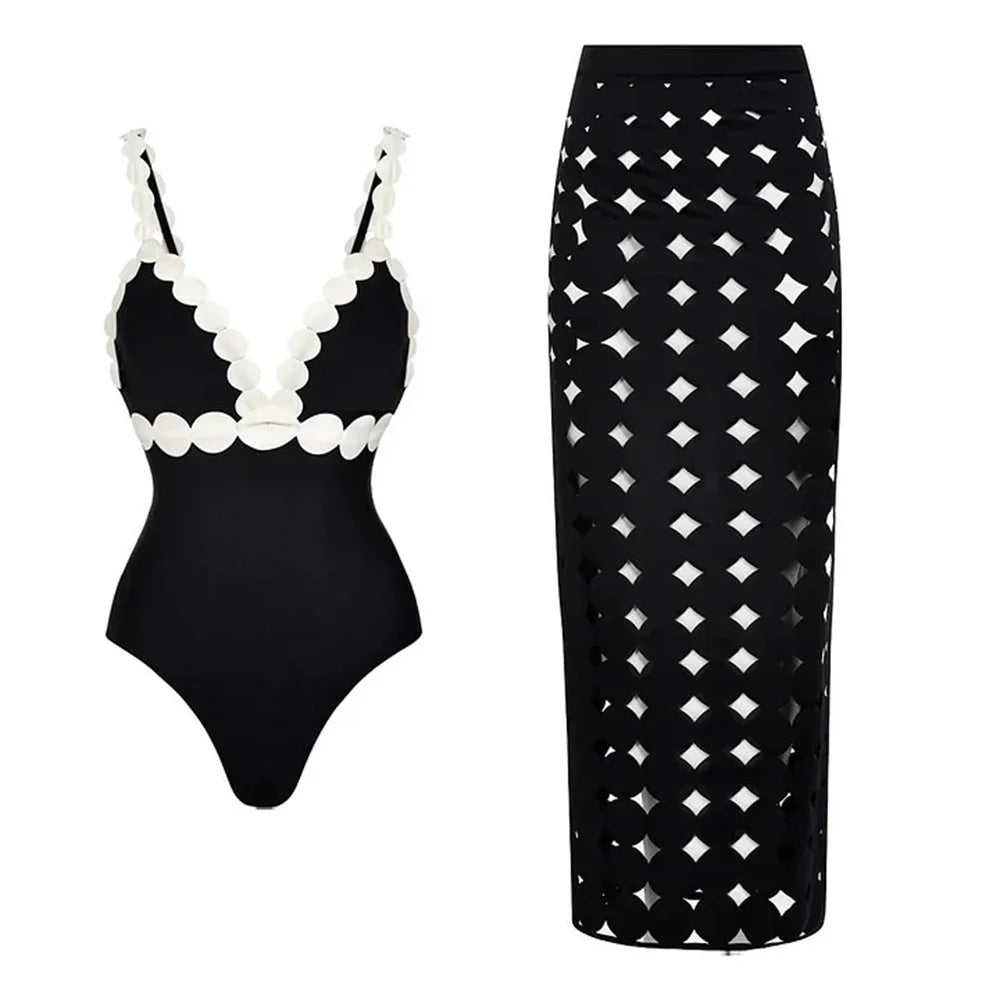 Bikini Mujer 3 Piezas Push Up Corte Láser Cintura Alta Sexy Traje de Baño con Falda