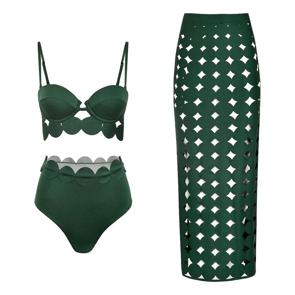 Bikini Mujer 3 Piezas Push Up Corte Láser Cintura Alta Sexy Traje de Baño con Falda