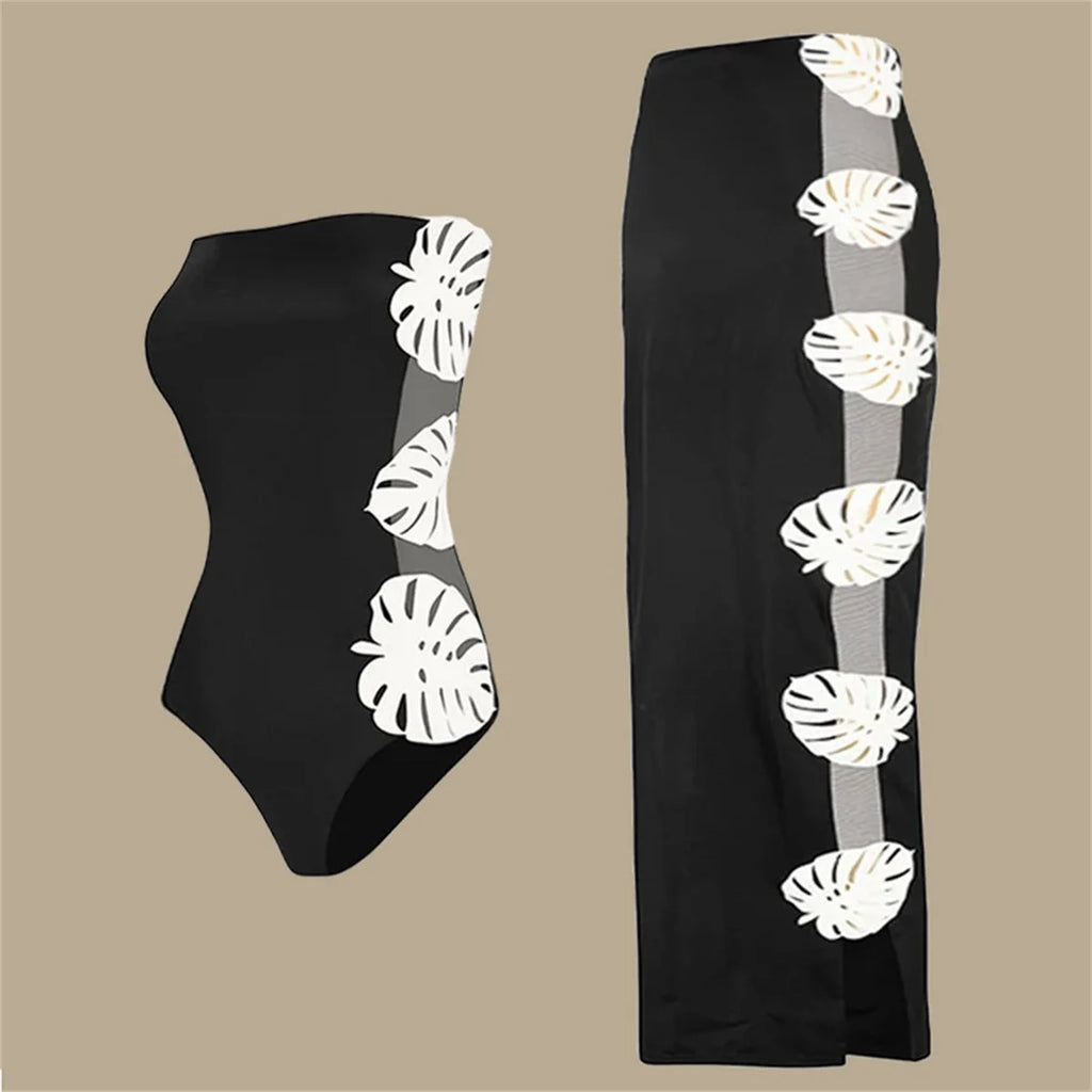 Bikini Mujer 3 Piezas Push Up Corte Láser Cintura Alta Sexy Traje de Baño con Falda