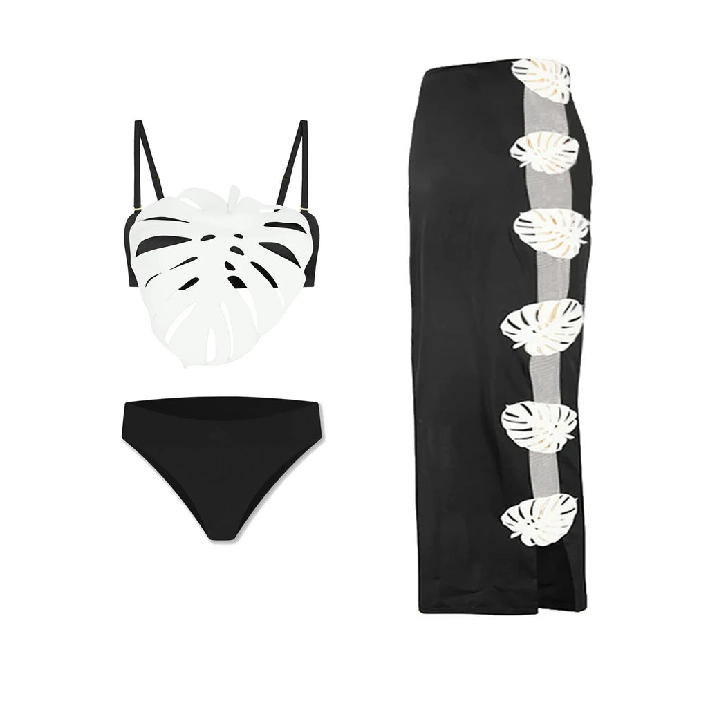 Bikini Mujer 3 Piezas Push Up Corte Láser Cintura Alta Sexy Traje de Baño con Falda