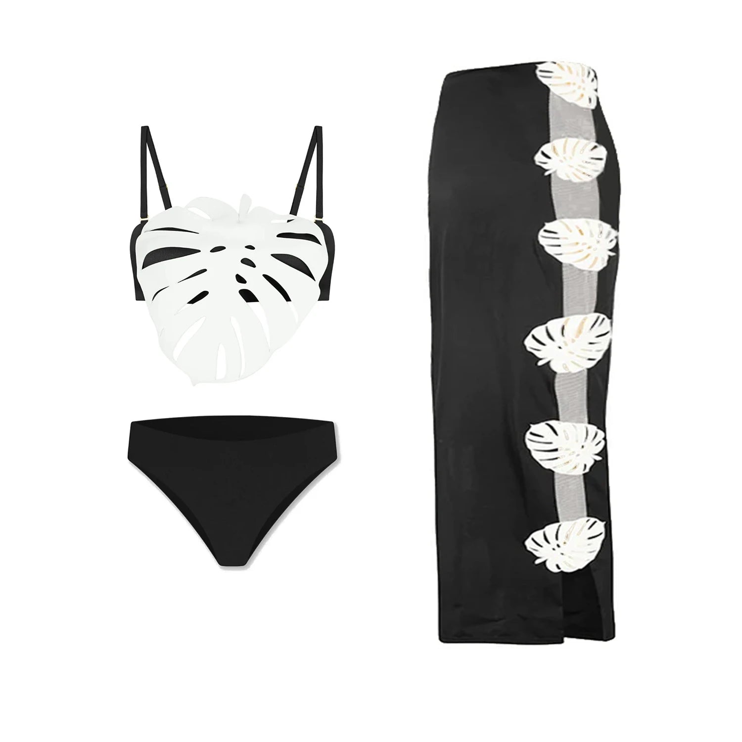 Bikini Mujer 3 Piezas Push Up Corte Láser Cintura Alta Sexy Traje de Baño con Falda