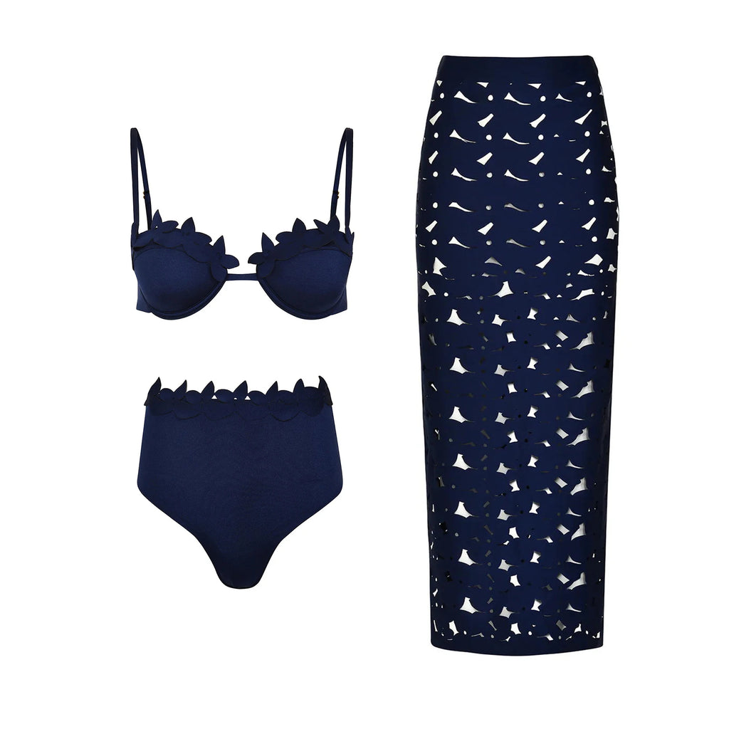 Bikini Mujer 3 Piezas Push Up Corte Láser Cintura Alta Sexy Traje de Baño con Falda