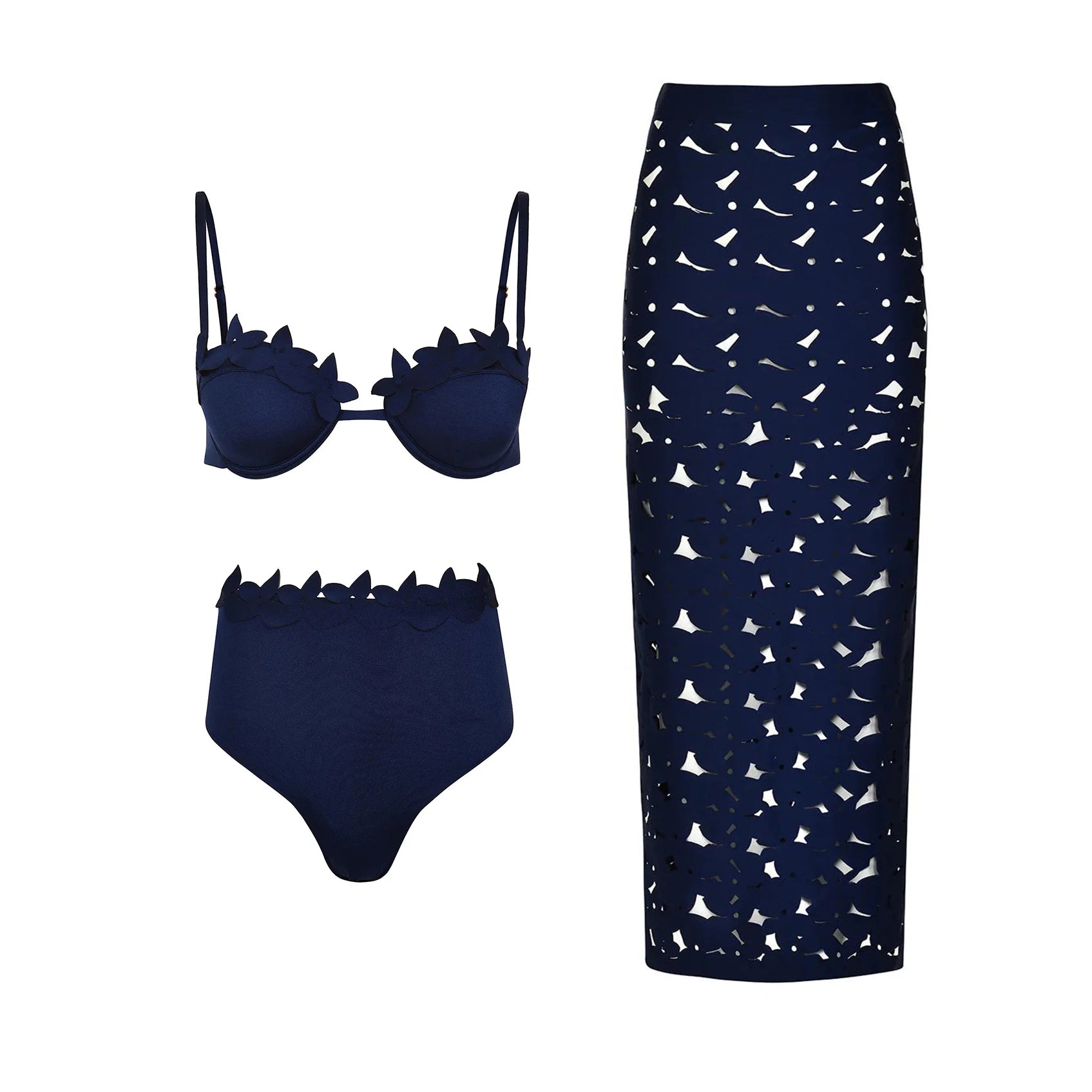Bikini Mujer 3 Piezas Push Up Corte Láser Cintura Alta Sexy Traje de Baño con Falda