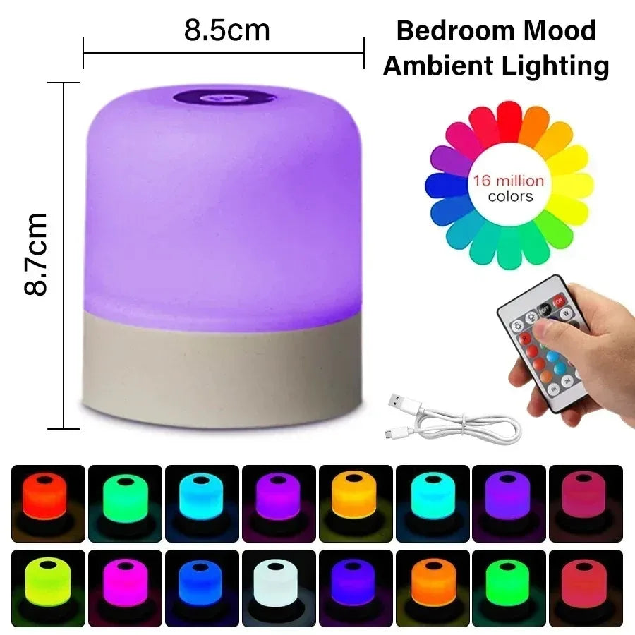 Luz Nocturna LED RGB Táctil Recargable con Mando Regulable para Dormitorio y Salón