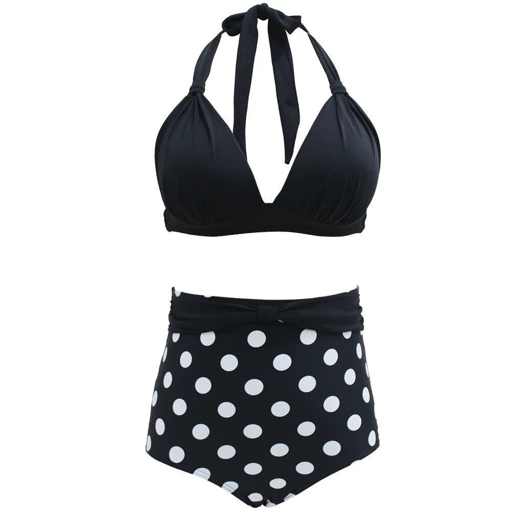 Bikini Mujer Retro Lunares Cintura Alta Push Up Halter Dos Piezas
